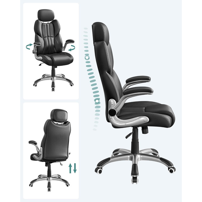 Офісне крісло SONGMICS, ігрове крісло, регульований підголівник, функція гойдання, письмове крісло, регульовані підлокітники, універсальні колеса, регульована висота, чорний колір OBG65BK