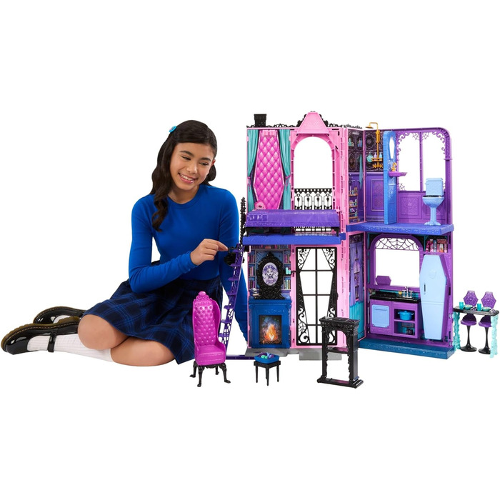 Ляльковий будиночок Monster High Boo-tique Hotel, складаний ігровий набір із моторошними сюрпризами в кожній кімнаті та понад 13 ігровими елементами, включаючи меблі та аксесуари, JBF16 Чорний - Boo-tique Hotel