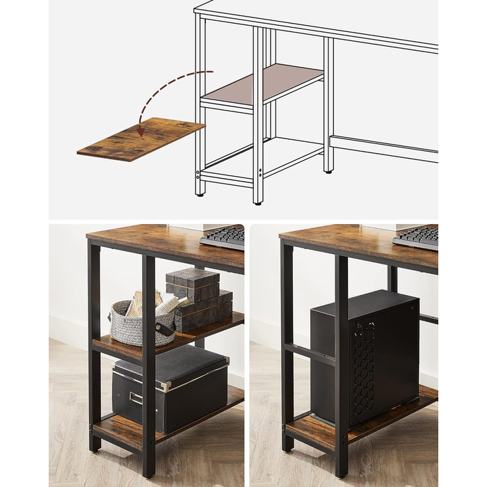 Стіл VASAGLE, комп'ютерний стіл, стіл для ПК, офісний стіл, з 2 полицями з правого або лівого боку, для офісу, вітальні, сталевий