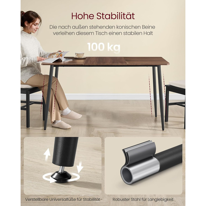 Обідній стіл VASAGLE для 4-6 осіб, обідній стіл у сільському стилі, кухонний стіл, термостійка стільниця, швидке складання, 75 x 140 x 75 см, натуральний горіх - чорний колір KDT100KE02 Натуральний горіх чорний колір