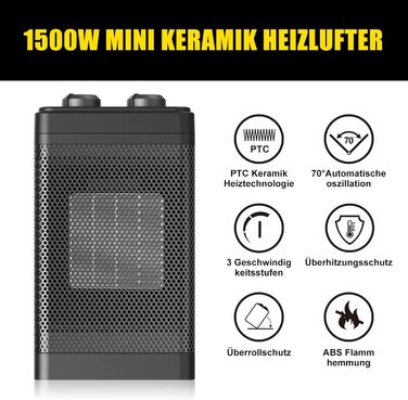 Енергозберігаючий вентилятор-обігрівач - 1500 Вт/2 с швидкий нагрів/3 режими нагріву/коливання 70/тихий обігрівач із захистом від перекидання та перегріву, керамічний вентилятор-обігрівач для офісу, спальні