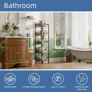 Бамбукова полиця для ванної кімнати HITNET, 5-рівнева книжкова полиця, полиця для ванної кімнати, окремостояча вузька висока полиця з регульованими полицями, компактна полиця для зберігання речей для домашнього офісу, горіх