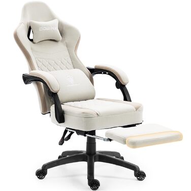 Ігрове крісло Dowinx з тканиною та розсувною та складною підставкою для ніг, ергономічне офісне крісло з гелевою подушкою та пружинною подушкою з кишеньковим механізмом, масажне ігрове крісло для дорослих, бежевого кольору Deluxe