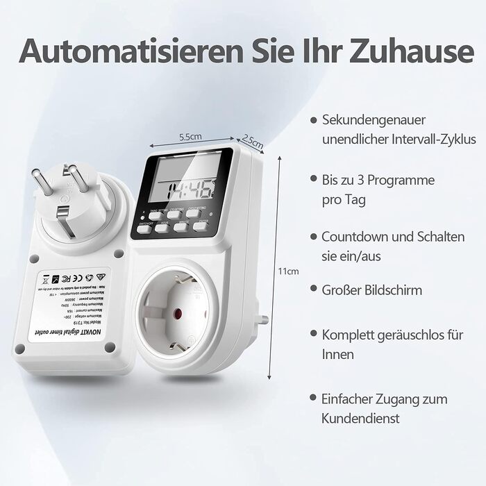 Інтервальна цифрова розетка з таймером NOVKIT з нескінченним циклом, 3 програмами перемикання та зворотним відліком для використання в приміщенні (230 В / 16 А / 3600 Вт)