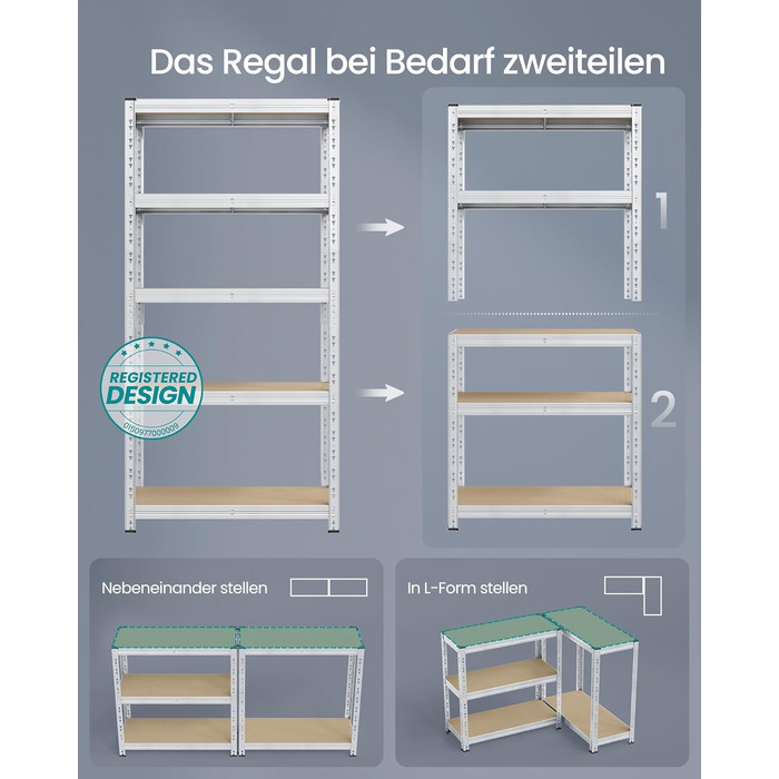 Надміцний стелаж, комплект з 2 шт., полиці для підвалу, 40 x 90 x 180 см, вантажопідйомність до 875 кг, легке складання, полиці для зберігання, регульовані полиці, сріблястий GLR455E01 Комплект з 2 шт. (180 x 90 x 40 см)