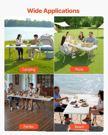 Розкладний фуршетний стіл VEVOR, портативний універсальний стіл, 244 см, прямокутний пластиковий стіл (для 6-8 осіб) з інтегрованою ручкою, садовий стіл, кемпінговий стіл для вечірок, пікніків, кемпінгу, білий