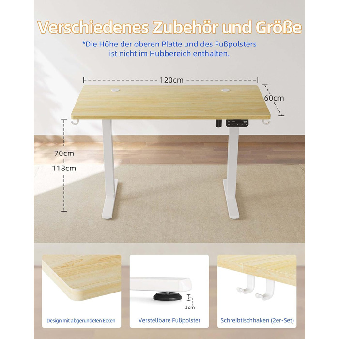 Письмовий стіл з регульованою висотою 120x60 см, Електричне регулювання висоти стіл, Стіл з регульованою висотою для роботи стоячи з функцією пам&39яті, Каркас натурального білого кольору/Стільниця натурального кольору 120 x 60 см