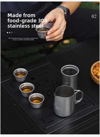 Чайний сервіз з нержавіючої сталі 304 для подорожей та кемпінгу на 4 особи, з фільтром та герметичним носиком, включає чайник та 4 чашки