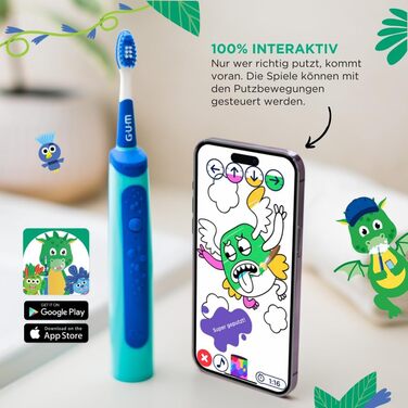 Електрична зубна щітка GUM Playbrush JUNIOR 6 Інтерактивний ігровий додаток 2 режими очищення Дуже м&39яка щетина Батарея на 8 тижнів Таймер звукова зубна щітка, акумуляторна 2 додаткові насадки для щіток Синій