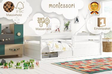 Дитяче ліжко Interbeds, підлогове дерев&39яне ліжко, односпальне ліжко Монтессорі із захистом від падіння та рейковою основою 160x80 см (біле)