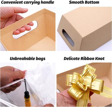 Набір із 5 порожніх картонних подарункових кошиків із целофановими пакетами та зав&39язками, екологічно чистий картонний подарунковий кошик для подарунків, свят, днів народження (крафт-папір) 5 прямокутний подарунковий кошик з крафт-картону