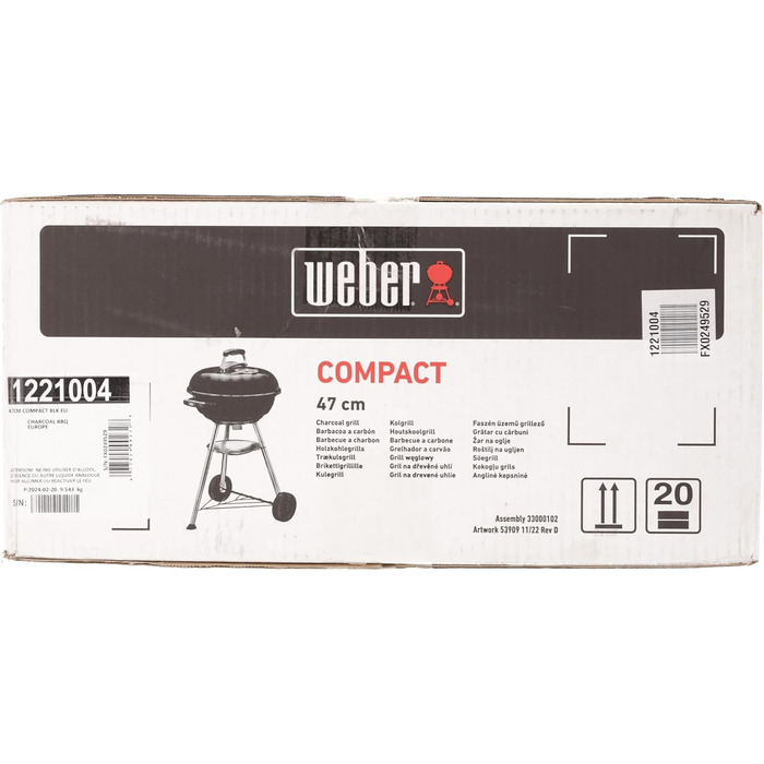 Гриль для вугілля Weber Compact Kettle, діаметр решітки 47 см, решітка для барбекю з порцеляновою емальованою кришкою та чайником,