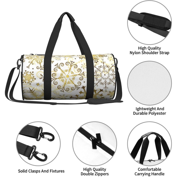 Спортивна сумка, дорожня сумка, святкова новорічна, з золотистим малюнком сніжинок, сумка для ночівлі, чорна, універсальний розмір, сумка для подорожей