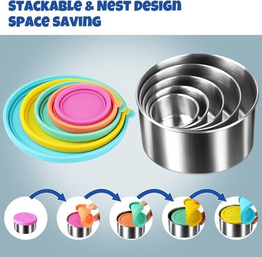 Набір контейнерів для їжі Homotte з нержавіючої сталі 304 з кришками, маленький, герметичні, для школи та офісу, штабельовані (57 мл, 113 мл, 227 мл, 400 мл, 680 мл) - 5 шт. (Синій, Жовтий, Зелений, Помаранчевий, Фіолетовий)