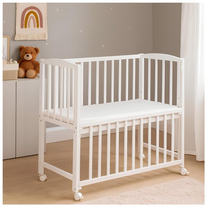 Дитяче ліжечко, біле, 90x40 см, дитяче ліжко/колиска, регульована по висоті, мобільне з колесами та матрацом