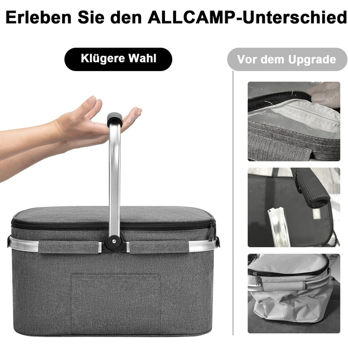 Велика складна ізольована сумка-холодильник - кошик для покупок з кришкою, знімний кошик для пікніка на 2 особи, кошик-холодильник з алюмінієвою рамою, потовщений термокошик - з 2 пакетами льоду XL чорного кольору