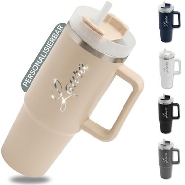 Персоналізована термокружка з ім&39ям Кухоль з нержавіючої сталі з гравіюванням 900 мл Персоналізований термос Персоналізована кавова кружка з трубочкою та кришкою (бежевий)