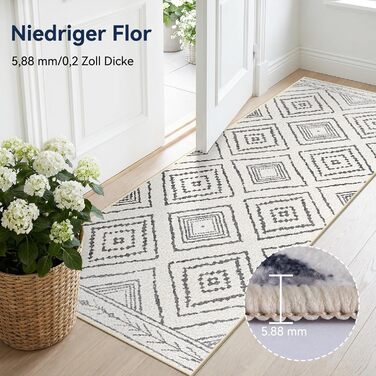 Килимова доріжка для коридору, 60 x 300 см, нековзка кухонна доріжка, килимова доріжка з коротким ворсом, яку можна прати, складається, дизайн бохо для коридору, кухні, вітальні та офісу, чорно-білий, 60 x 300 см