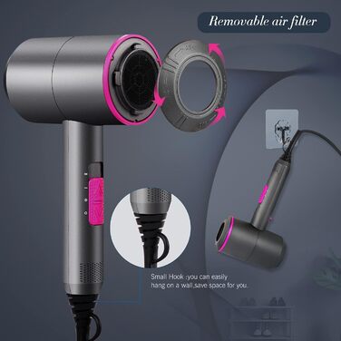Іонний фен з змінним струмом Професійний фен з 3 режимами нагріву, кнопкою холодного повітря, 1 дифузором та 2 концентраторами для