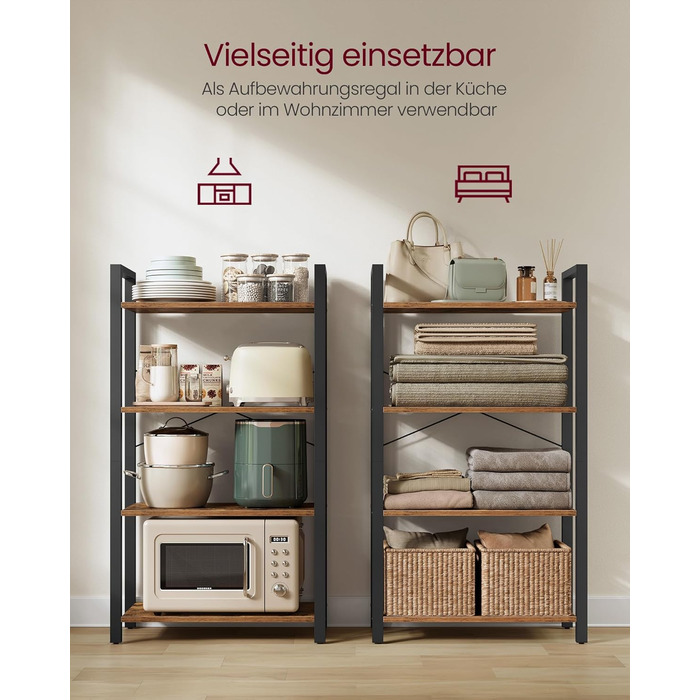 Полиця, книжкова шафа, окремостояча полиця, полиця для DVD, з 4 полицями, офісна полиця, відкриті полиці, для офісу, вітальні, спальні, кухні, 30 x 66 x 120 см, вінтажний коричневий-чорнильний чорний LLS60BX 4 полиці (66Ш x 120В см) вінтажний коричневий ч