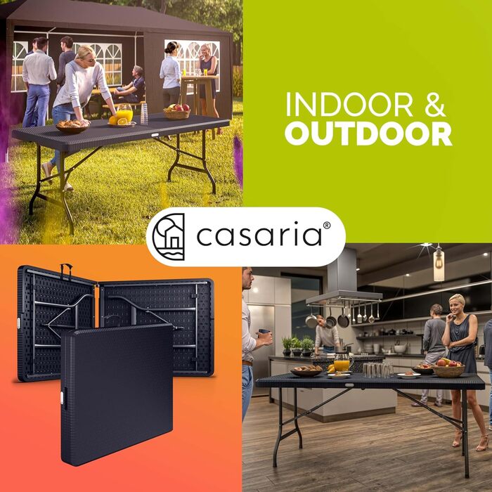 Складаний садовий стіл Casaria, кемпінговий стіл з поліратангу, 180x75 см, водонепроникний, ручка для перенесення, складний стіл, пластиковий стіл, садовий, балконний, кемпінговий, фуршетний стіл, чорний, вигляд чорного ротанга