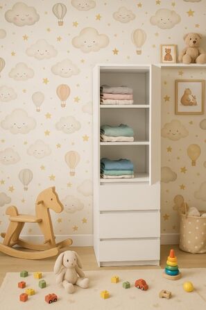 Шафа з шухлядами - Шафа з 3 шухлядами та полицями - Шафа шириною 50 см, висотою 180,5 см, глибиною 40 см - Спальня, дитяча кімната, шафа для білизни - Білий