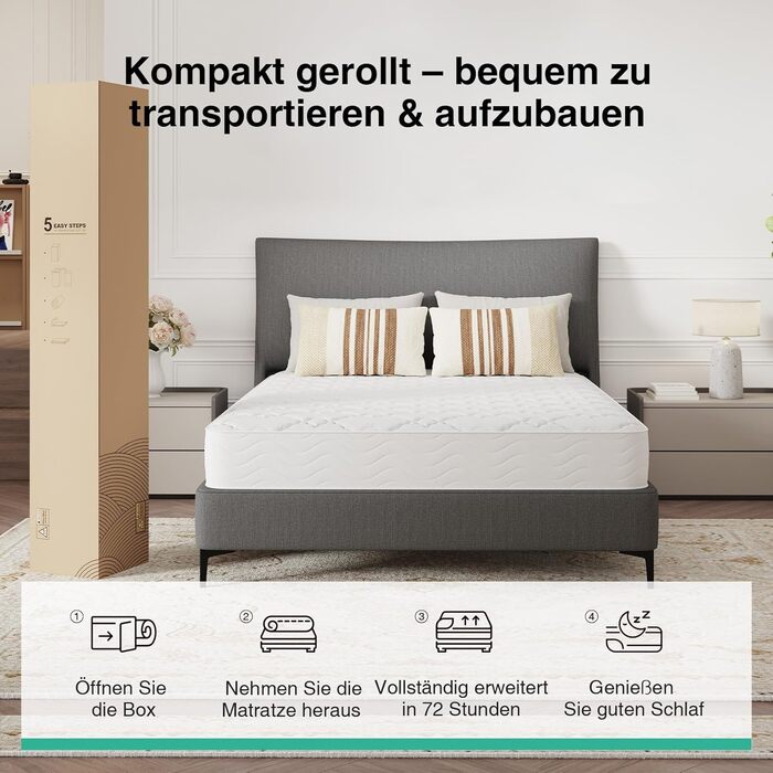 Матрац Novilla 140x200 см 7-зонний пружинний матрац Pocket Spring Висота 20 см Рівень жорсткості H3 Сертифіковано Oeko-Tex Дихаючий та стабільний розмір 20 см 140 x 200 см