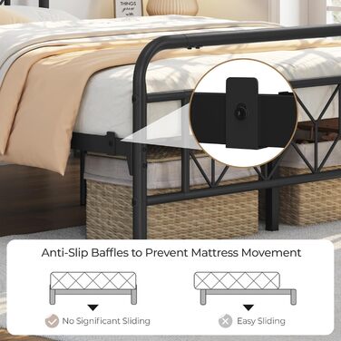 Металеве ліжко Yaheetech 140 x 200 см Вінтажний каркас ліжка з високим узголів&39ям, сучасне мінімалістичне двоспальне ліжко з рейковою основою та місцем для зберігання під ліжком для спальні, чорне 140 x 200 см