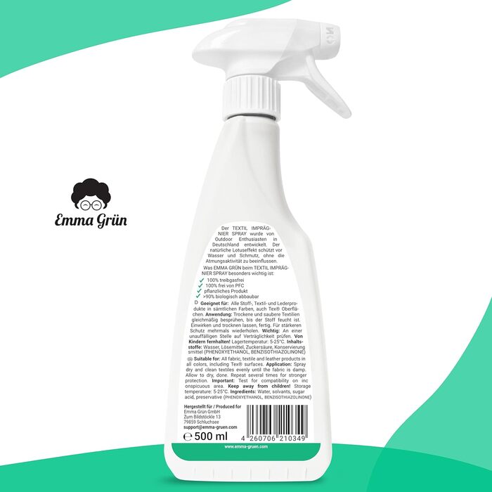 Емма Зелений водонепроникний спрей для текстилю та намету 2x500 мл - Стійке просочення для наметів та одягу - Водонепроникна розпи