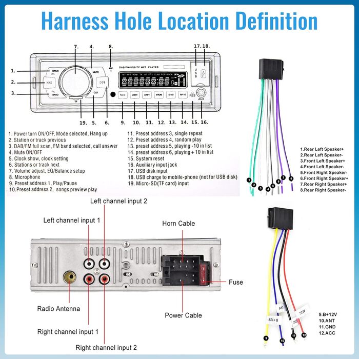 Автомобільна стереосистема Hodozzy DAB/DAB 1 Din Цифрова Bluetooth аудіомузика Стерео 12 В автомобільна стереосистема MP3 плеєр з USB/TF/SD/AUX/EQ/FM-радіо/SWC