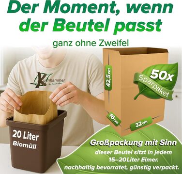 Компостовані пакети для відходів 20 л 50 шт. компостовані пакети для відходів без пластику Вологостійкі та стійкі до розривів паперові компостовані пакети для відходів Паперові пакети для органічних відходів Паперові компостовані пакети для відходів