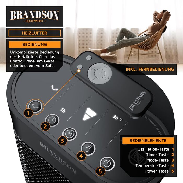 Енергозберігаючий, тихий електричний керамічний обігрівач - Електричний обігрівач з дистанційним керуванням - Коливання - Захист від перегріву - Термостат - Ванна кімната, спальня, вітальня B Чорний