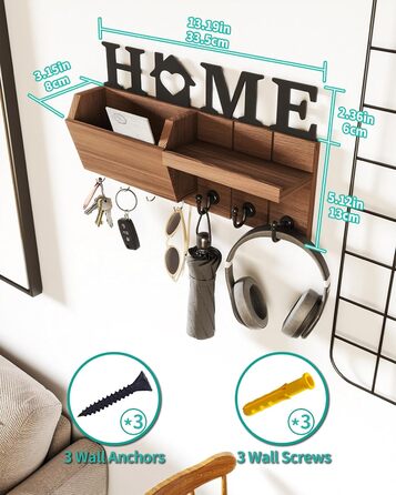 Ключниця HapiRm з декором HOME, дерев'яна ключниця з 7 гачками для ключів, ключниця з полицею Підходить для вхідної зони, вхідних