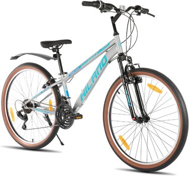 Гірський велосипед HILAND 26 дюймів для чоловіків та жінок, 21-швидкісний гірський велосипед, високоміцна сталева рама, гальма V-подібної форми, хардтейл для дорослих, сірий