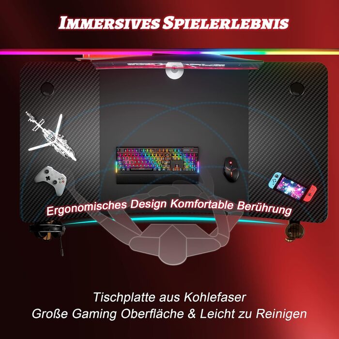 Ігровий стіл 120 x 60 см, Ігровий стіл, Стійкий стіл для ПК з покриттям з вуглецевого волокна, Ергономічний комп'ютерний стіл з га
