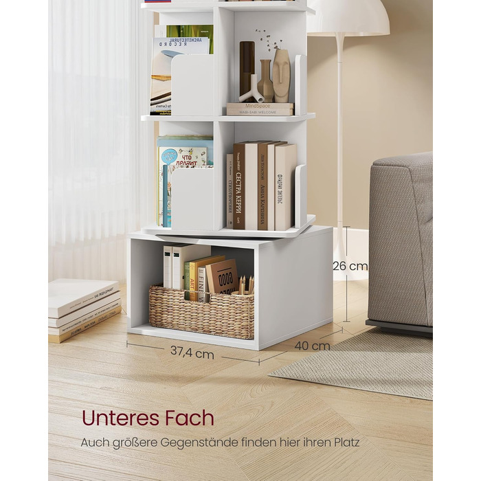 Колекція Custos - Обертова книжкова шафа, 5-ярусна полиця для зберігання, Окремостояча полиця з відкритими відділеннями, 40 x 40 x 155,8 см, для спальні, вітальні, офісу, Хмарно-білий LBC472WB01