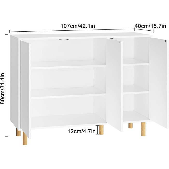 Комод FirFurd, сервант, біла кухонна шафа з 3 дверцятами, дизайн без ручок, регульовані полиці, 107x40x80 см (ШxГxВ)