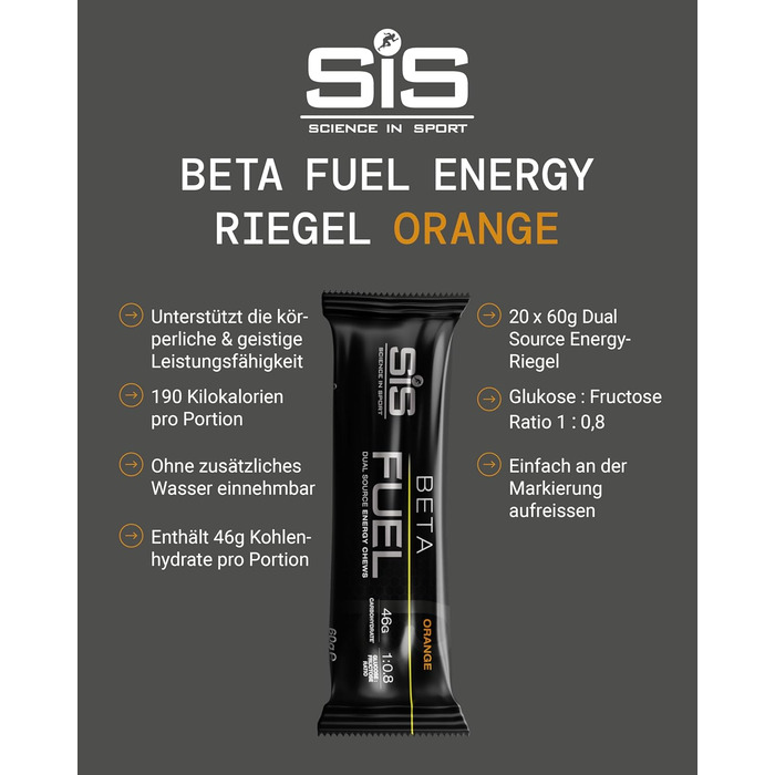 Енергетичні батончики Science in Sport BETA Fuel Bars 20 x 60 г, апельсин - веганські енергетичні батончики з 45 г вуглеводів, смачні вуглеводні батончики як ідеальні постачальники енергії для силових тренувань