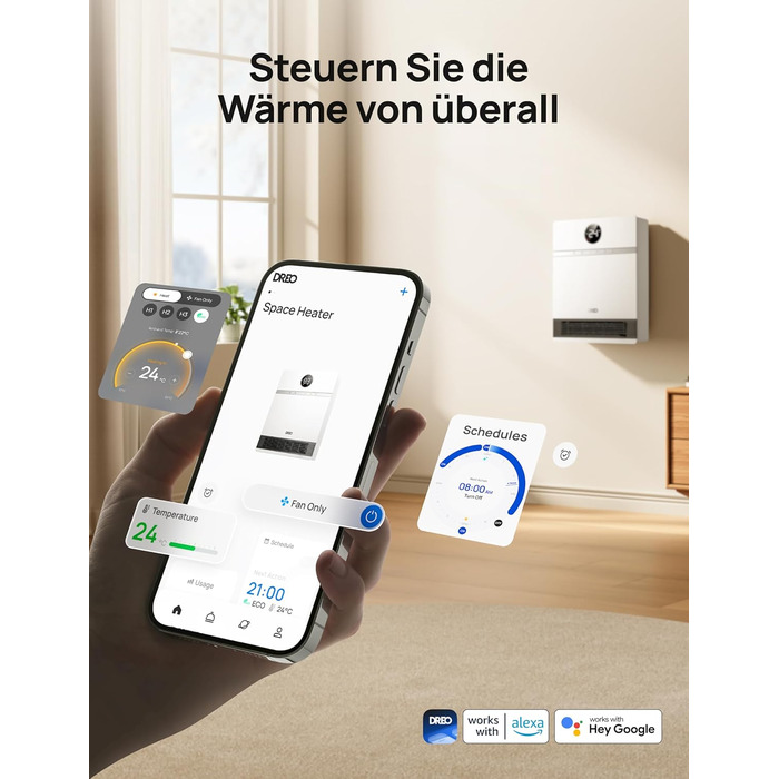 Розумний настінний конвектор Dreo, вихід вентилятора 30, 2000 Вт, регульований термостат, пульт дистанційного керування, тижневий таймер, простий у встановленні внутрішній обігрівач, сумісний з Alexa, білий