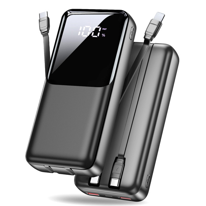 Портативний зарядний пристрій ємністю 40000 мАг, 22,5 Вт, з функцією швидкої зарядки PD через USB-C, 3 порти та 2 вбудовані кабелі, зовнішній акумулятор, сумісний з iPhone 17, 16, 15, 14, 13, Android та іншими пристроями, 40000 мАг, чорний