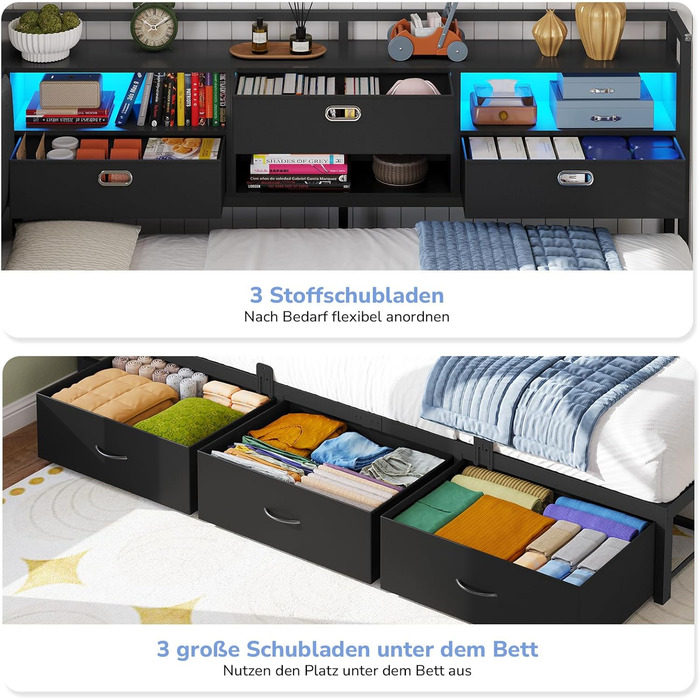 Диван-ліжко зі світлодіодним освітленням та зарядною станцією (2 розетки змінного струму 2 USB-порти), дитяче ліжко 90x200 см з 6 шухлядами, кушетка 90x200 см, м&39яка спинка з прихованим місцем для зберігання речей