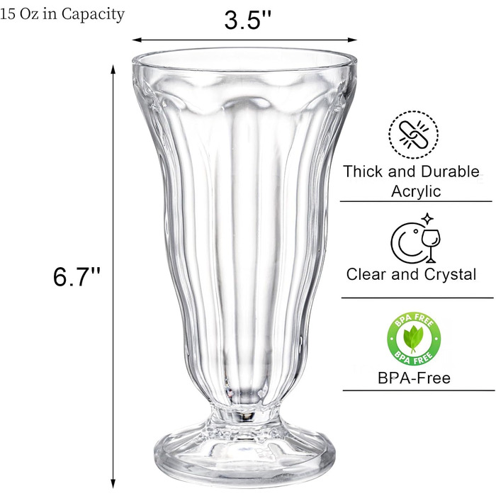 Склянки для молочних коктейлів Mezchi, акрилові, 425 мл, прозорі, старомодні стакани для содової, небиткі стаканчики для морозива, пластикові, фонтанчики для піна-колади, ідеально підходять для соку, тропічних напоїв, вечірки, 6 шт.