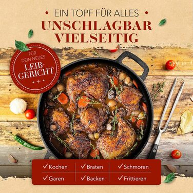 Чавунний горщик KRUSTENZAUBER включаючи виделку для м'яса - Міцна чавунна каструля 26 см з кришкою, підходить для духовки - ідеаль