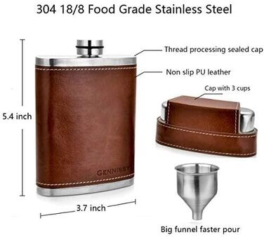 Фляга GENNISSY з нержавіючої сталі, 8 унцій, коричнева шкіряна, з 3 чашками та лійкою, 100 герметична, коричневого кольору, 236 мл