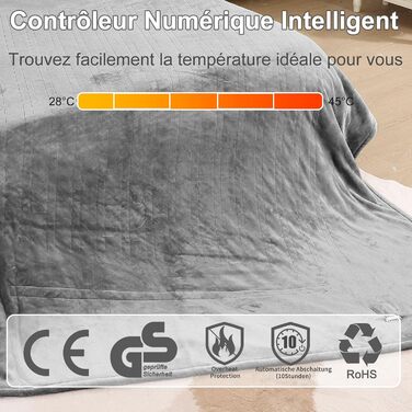 Електрична ковдра з автоматичним вимкненням, 130x180 см Фланель, 6 режимів нагріву та 10-годинний таймер вимкнення, захист від перегріву, можна прати в пральній машині, сіра, 130 x 180 см