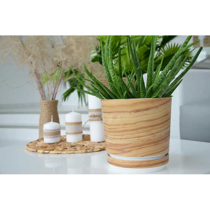 Горщик для квітів з блюдцем - Візерунок 047 Бамбук - 26 см - Кашпо з високоякісного пластику - Декоративний горщик для рослин 26 с