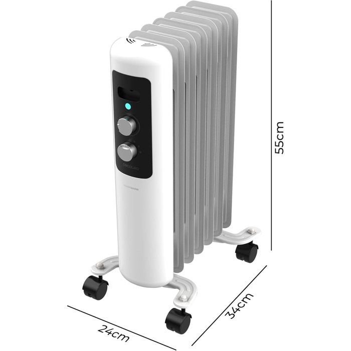 Електричний масляний радіатор Cecotec з низьким енергоспоживанням 7 модулів ReadyWarm 750 Space White. 1500 Вт, 3 рівні потужності, система безпеки та колеса, ідеально підходить для 15 м, білий