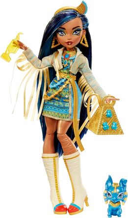 Лялька Monster High Cleo de Nile, Модна лялька-мумія, Королівський костюм, Чоботи-вбивці, Рюкзак-піраміда, Аксесуари, для дітей віком від 4 років, HHK54
