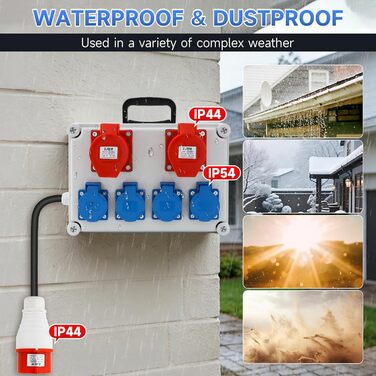 Розподільна коробка для будівельного майданчика, комплект розподільчої коробки 16A, BKV 2/4, водонепроникний розподільник живлення IP44/IP54 з розеткою та ручкою для перенесення, кабель 2 м, для використання всередині та зовні приміщень, 6 портів (з двома