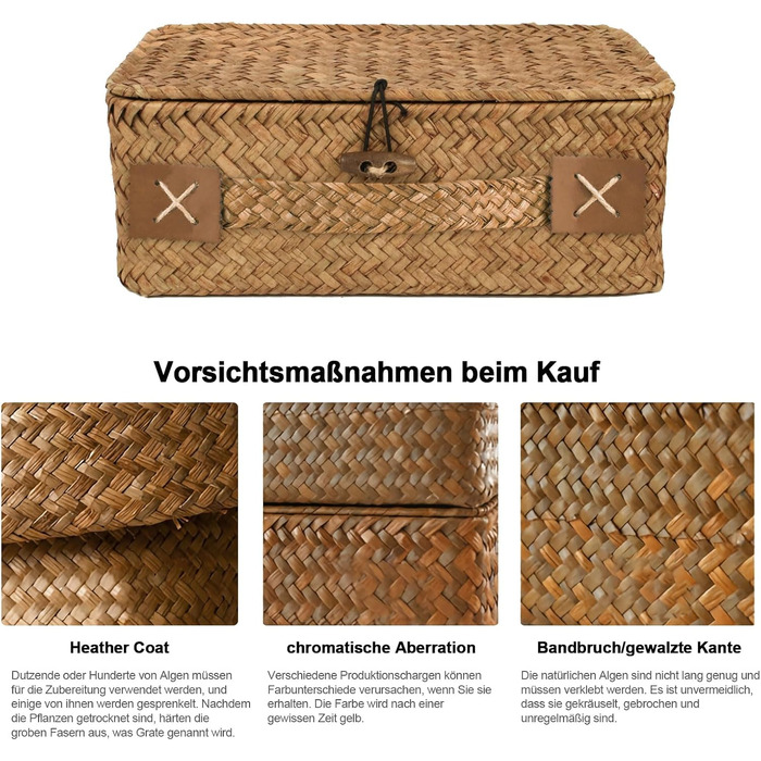 Кошик для зберігання з ротанга з кришкою, 3 шт. плетених кошиків з натуральної морської трави, багатофункціональна коробка для зберігання іграшок, косметики, туалетного паперу для ванної кімнати, велика - 3 шт. - кавового кольору